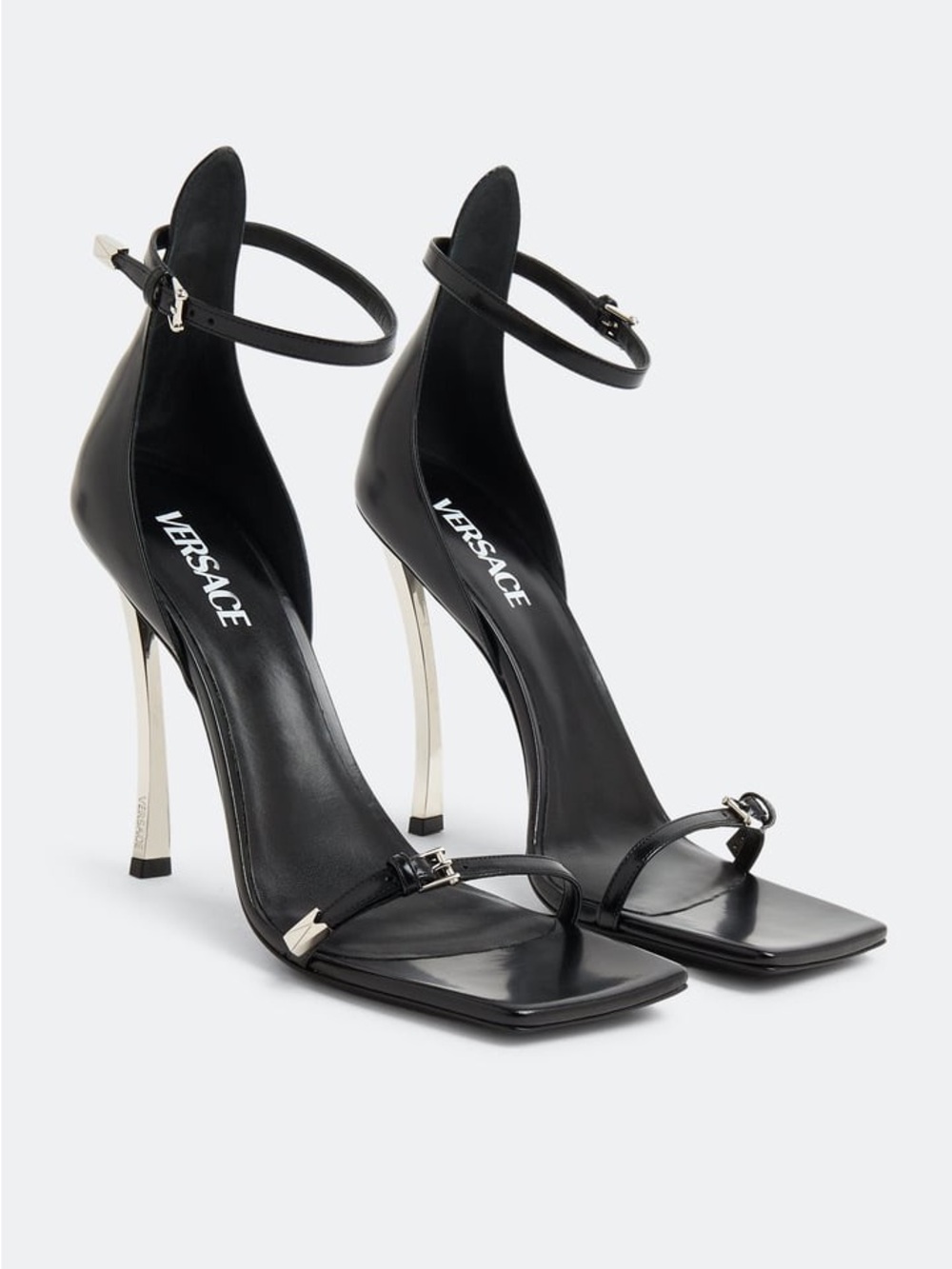 Versace Black Leather Ankle-Strap Stiletto Sandals with Metallic Heel
